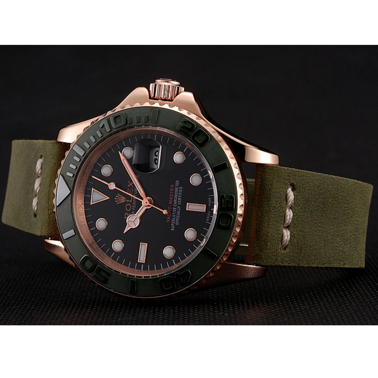 Aaa replica watch Bezel Rose Dial Rolex Black Leather Gold 1453862 Green Bracelet Green Master Case Yacht 0721